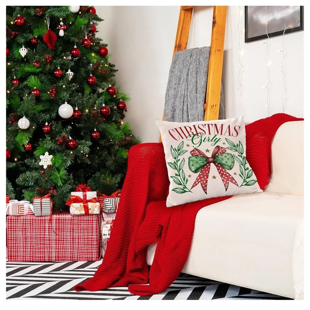 Christmas Girly 2-Pillow Covers,2- 18x18, Red and Green Christmas Bow Decorative